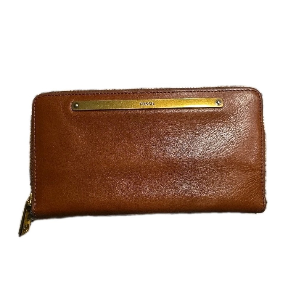 Fossil Liza Slim Bifold Clutch Wallet Brown Leather Purse with Brass Detail